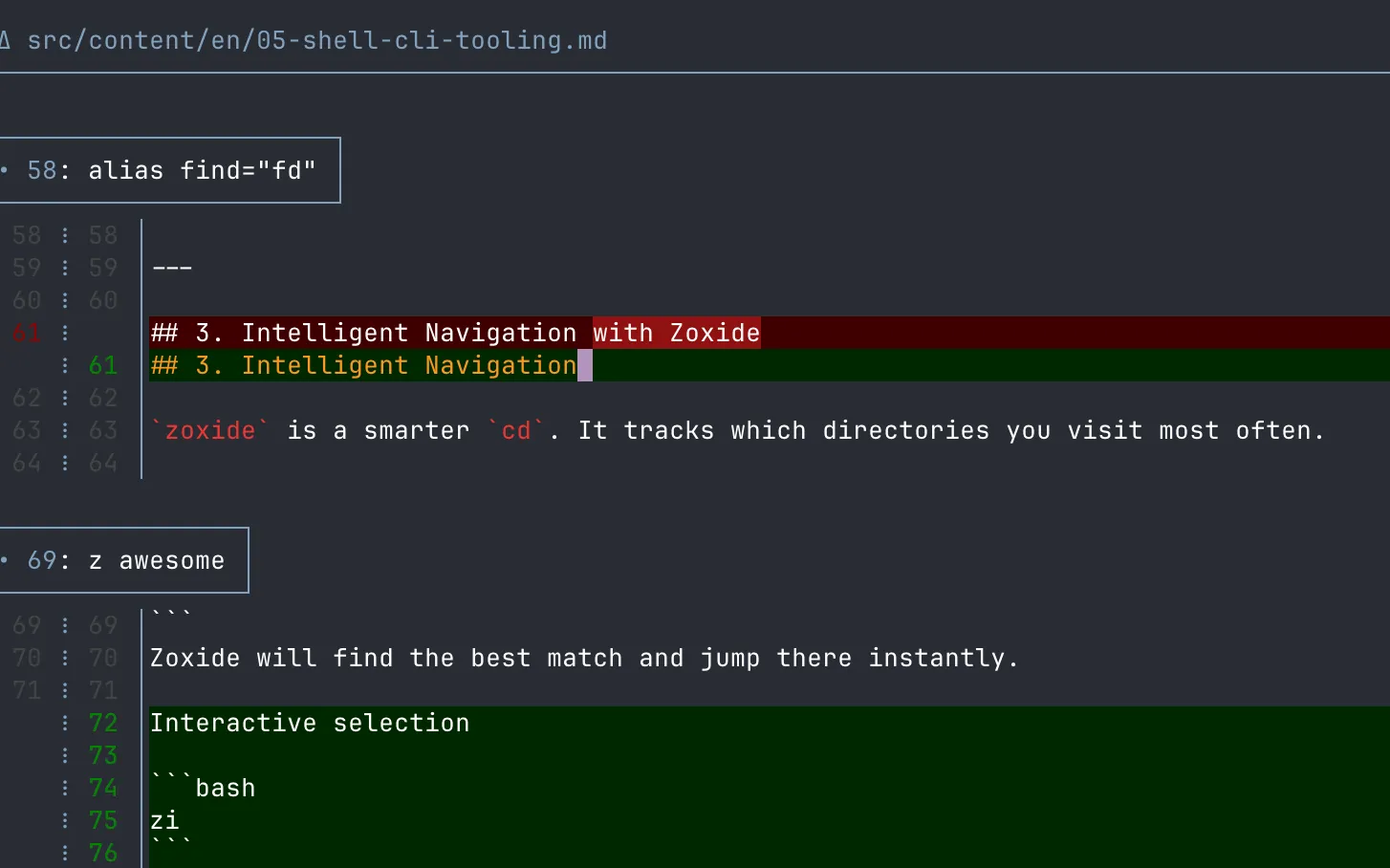 A 'git diff' output showing syntax highlighting and line numbers provided by Delta