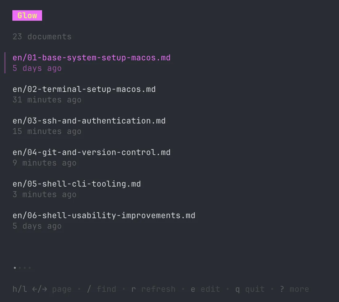 Glow rendering a Markdown file in the terminal with proper formatting and colors