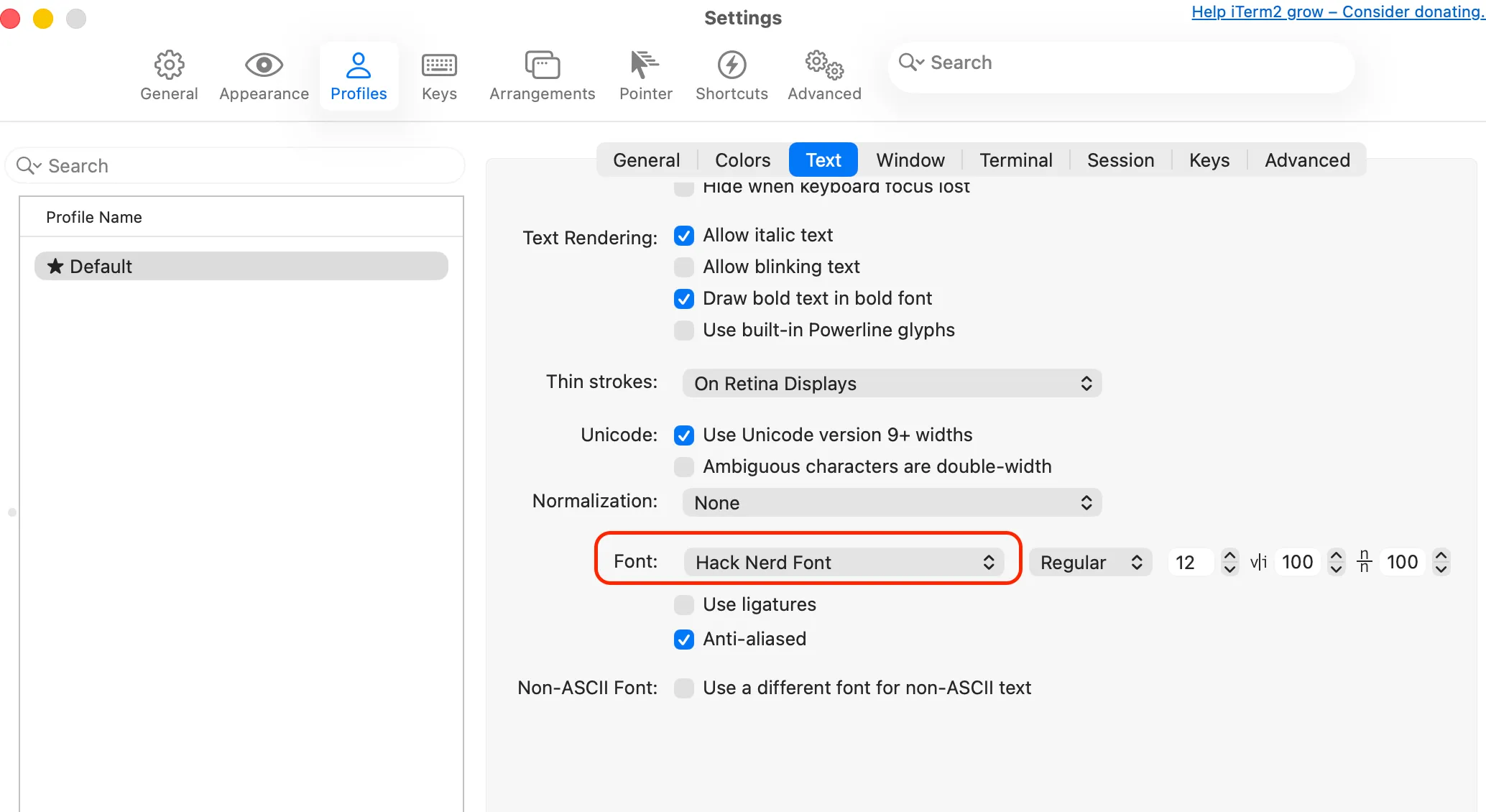 iTerm2 Font Selection