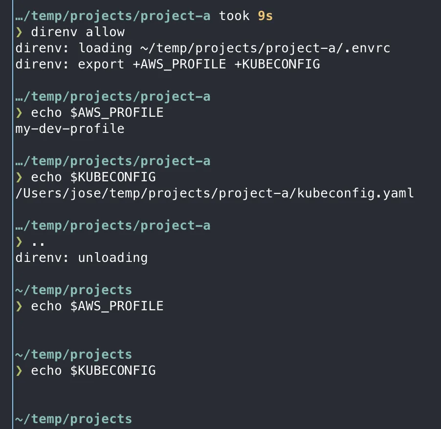 Terminal showing variables loading automatically when entering a folder and unloading when leaving