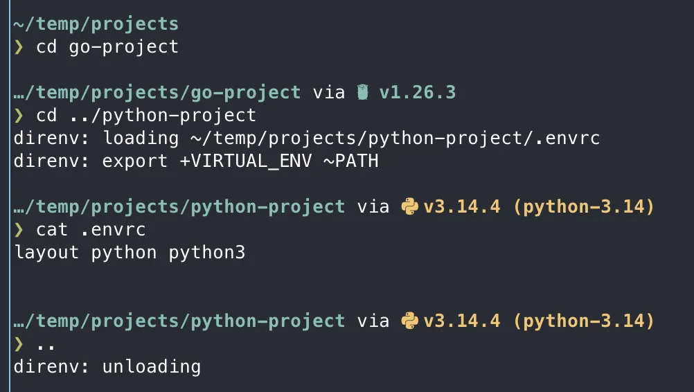 Terminal showing starship prompt in a python project and a terraform directory